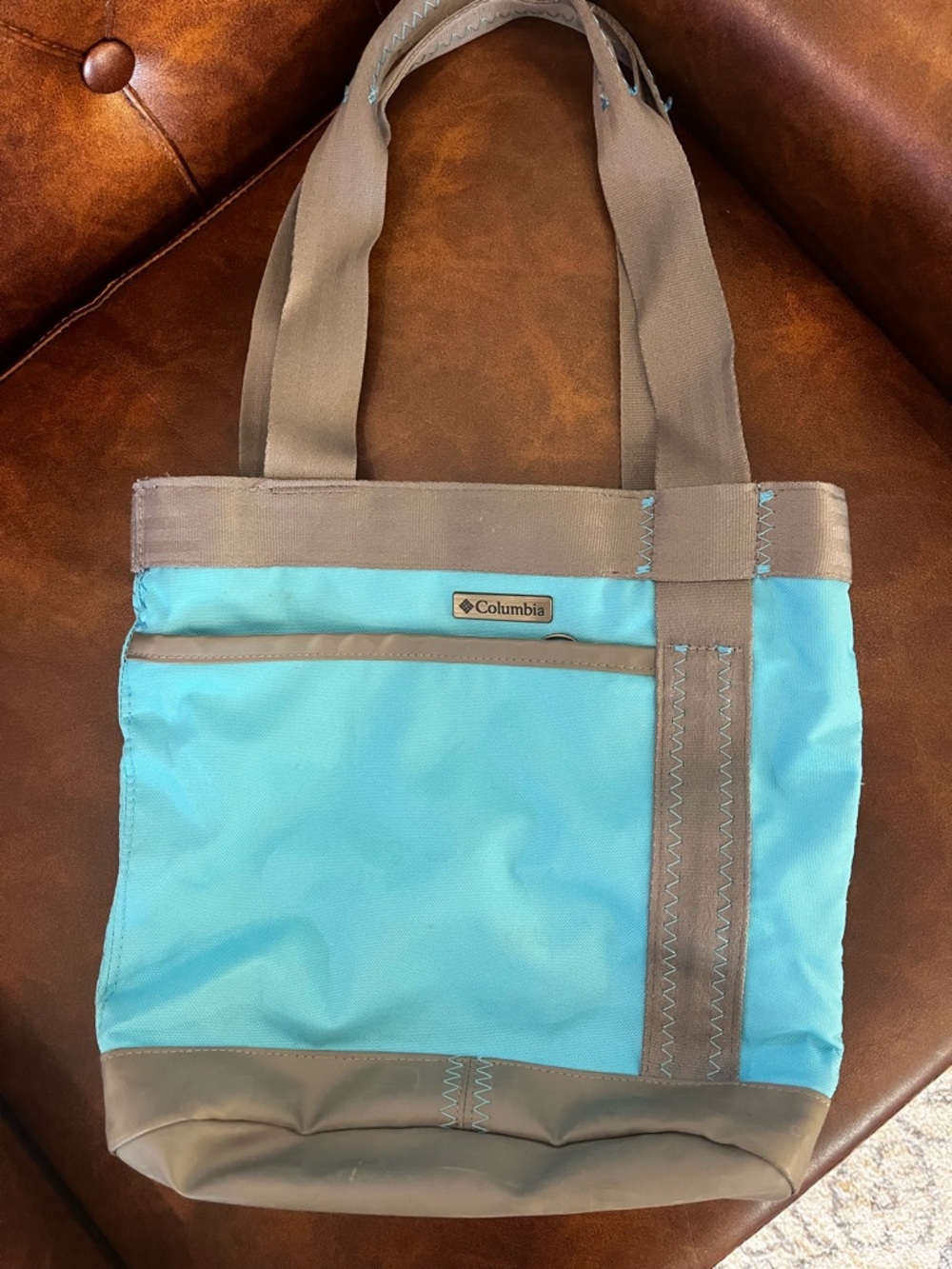 Columbia Aqua Blue and Taupe Small Lunch Tote Bag